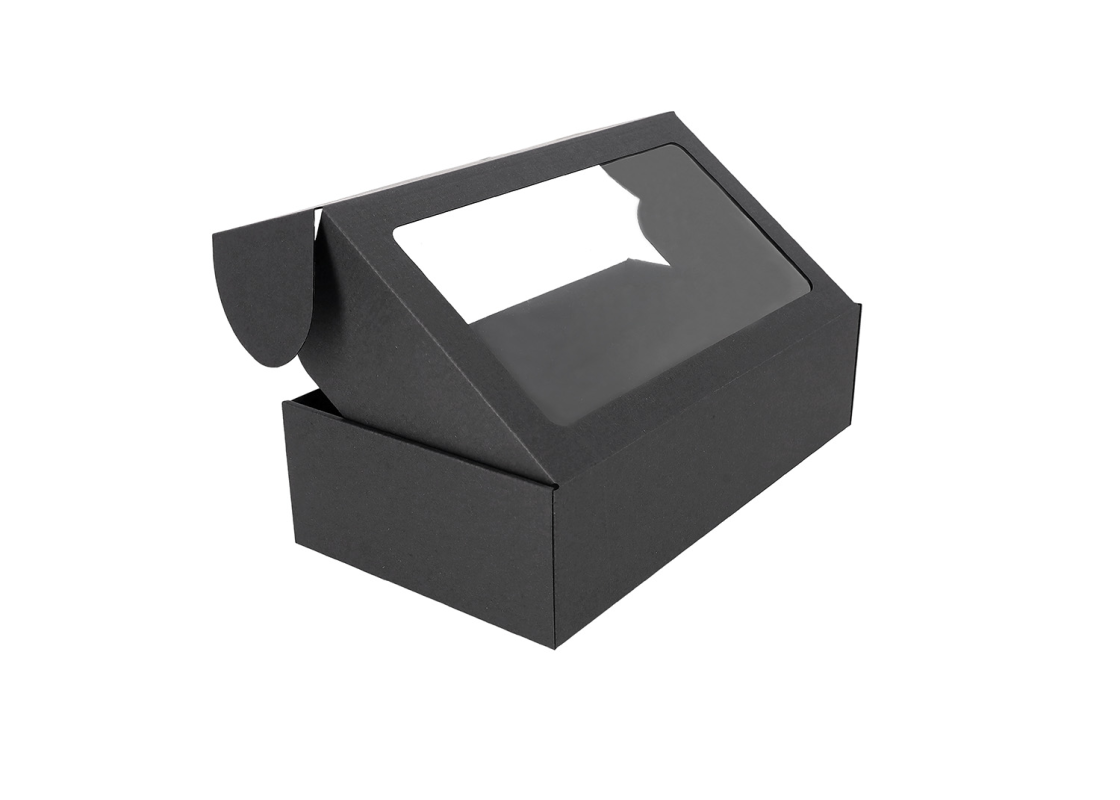 427-20: 340 x 190  x 90 mm Juodos spalvos kartoninė greito uždarymo dėžė su langeliu 1