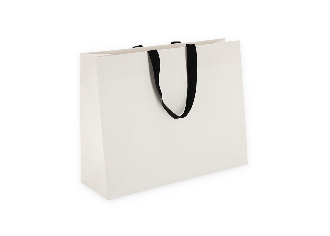 OMG-8: 450x150x350 mm Prabangus popierinis dovanų maišelis su juodomis įklijuotomis medžiaginėmis rankenėlėmis 1