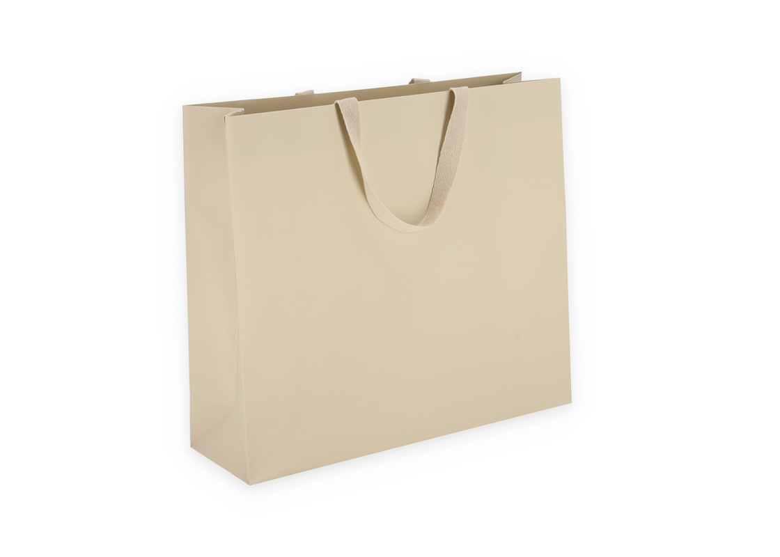 OMG-5: 400x120x350 mm Laminuotas popierinis dovanų maišelis su įklijuotomis medžiaginėmis rankenėlėmis 1