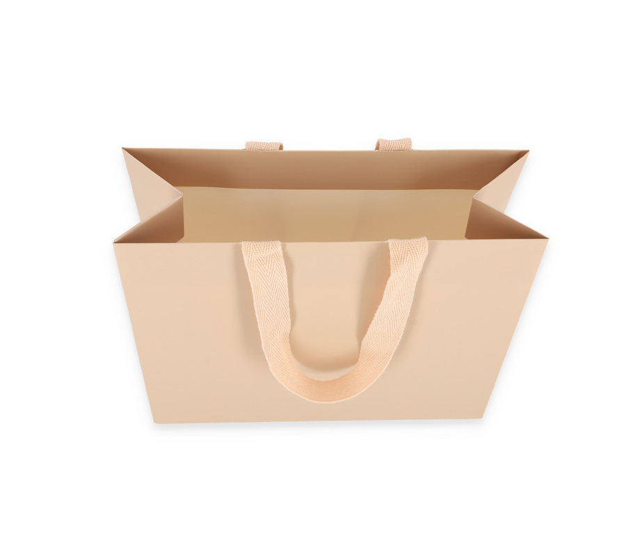 OMG-4: 240x100x205 mm Laminuotas popierinis dovanų maišelis su įklijuotomis medžiaginėmis rankenėlėmis 2