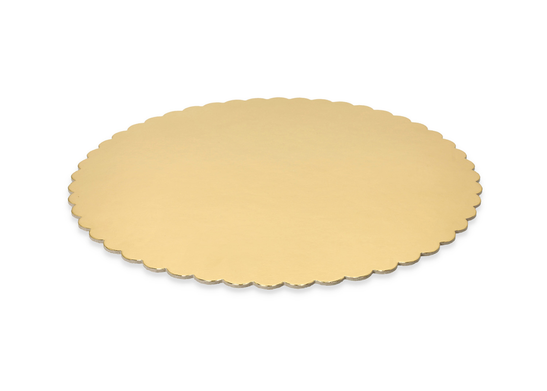 PD-FB26: Ø260 mm padėkliukas tortui, banguotais kraštais, auksinės sp., 10 vnt. 2