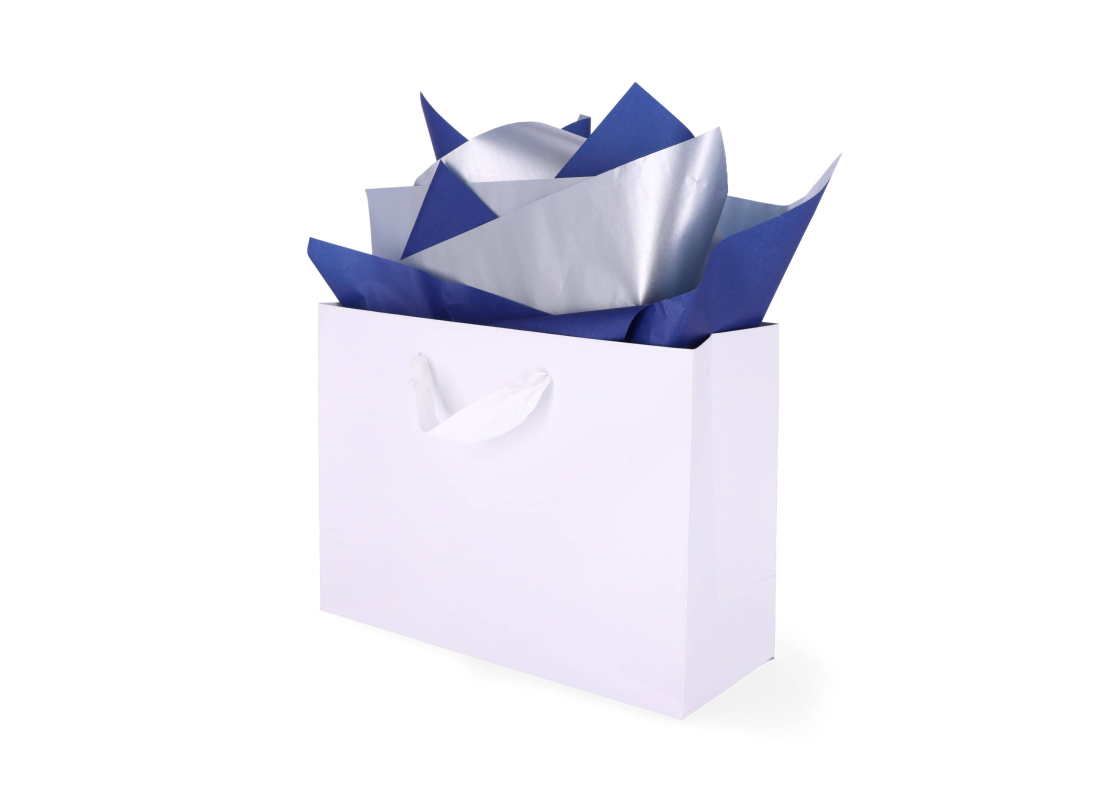 TIS-8006: 760 x 500 mm metallized wrapping tissue paper. Silver-Blue 1